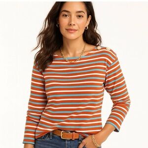 J Crew Womens Boatneck Top in Striped Mariner Cloth Orange Blue Button Size M